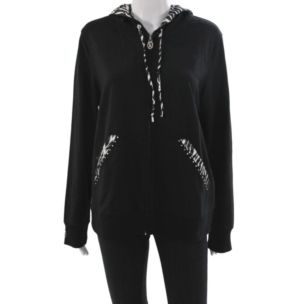 Christine Alexander Women Black Animal Print Full Zip Hoodie Size XL